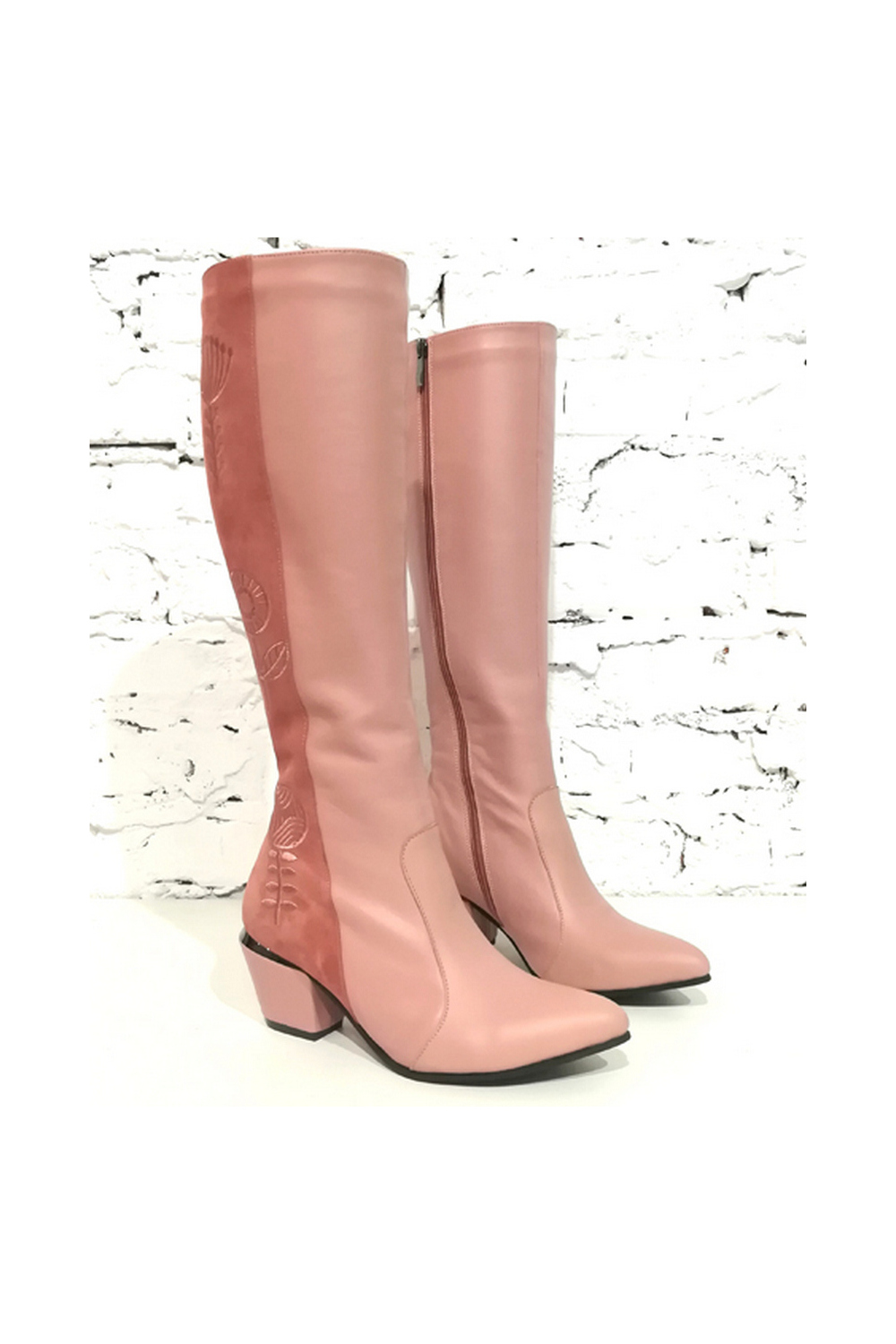 Buy Women's Pink High Leather Zipper Boots with Embroidered Sock Mid Heel, Comfotrable design shoes 